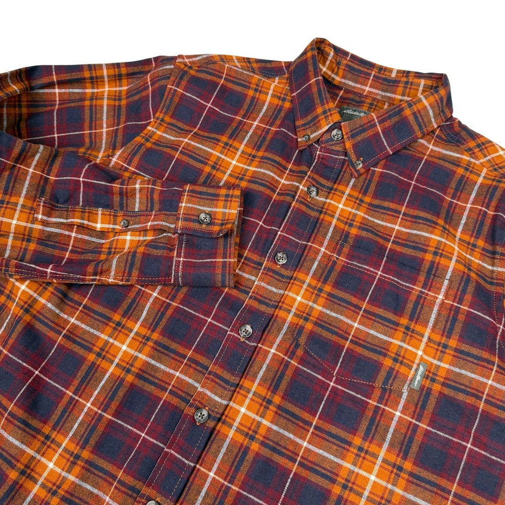 Eddie Bauer Mens L Plaid Flannel Shirt Orange Burgundy Navy Cotton Button Up